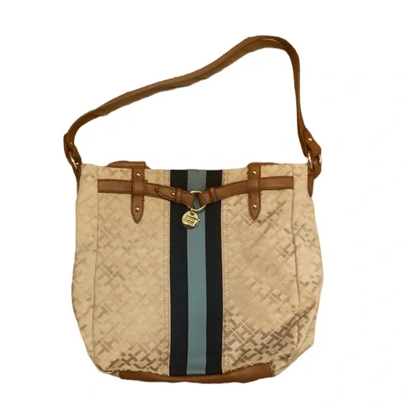 Tommy Hilfiger vintage tan logo shoulder bag with blue stripes down the middle - Picture 7 of 7
